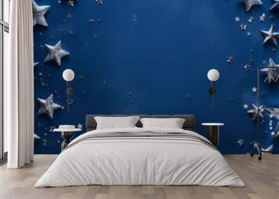 Elegant 4th of July frame with silver stars and stripes on a dark blue background, text space in the middle Wall mural