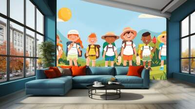 Elementary school summer camp, kids in explorer gear, sunny day, playful style, front view, 2D flat design , 8K resolution Wall mural