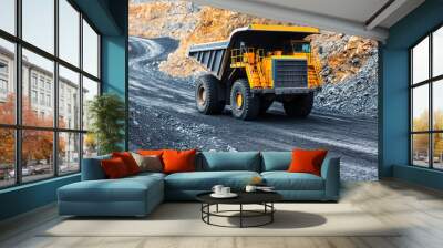 Heavy yellow dump truck transporting materials on a gravel road. Wall mural