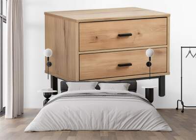 Modern wooden nightstand with two drawers, combining sleek design and functionality for stylish bedroom storage solutions. Wall mural