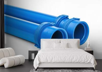 Two blue plastic pipes, close-up, on a white isolated background. Wall mural