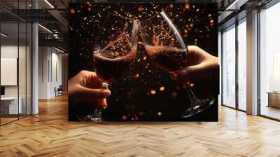 Two glasses clinking together with sparkling liquid, capturing a moment of celebration and joy against a dark background. Wall mural