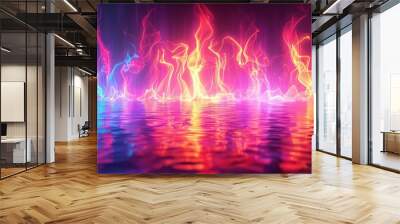 Vibrant flames in shades of blue, pink, and orange dance above a reflective surface, creating a captivating visual spectacle. Wall mural