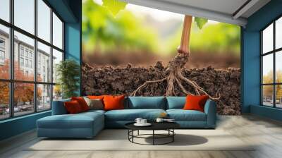 Vineyard plant with roots, soil, and greenery in the background. Wall mural