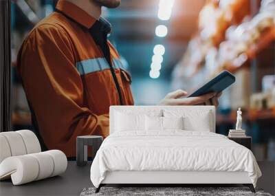 Warehouse worker using a digital device in storage facility. Wall mural