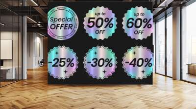 Set of neon holographic round sticker templates, label with holographic effect. Shiny rainbow emblems Sale, up to 50% off, 40%, 60%, 70%, Discount, best price, special offer. Isolated Vector EPS10 Wall mural