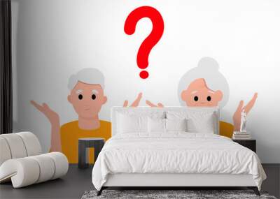 Simple flat vector illustration of question dilemma problem concept, isolated on white cartoon old man and woman character, solution business asking analysis mark. Wall mural