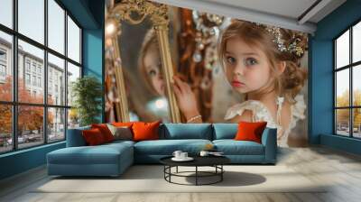 Stunning high resolution photos of the little beauty trying on her mother's jewelry in front of the mirror. Wall mural