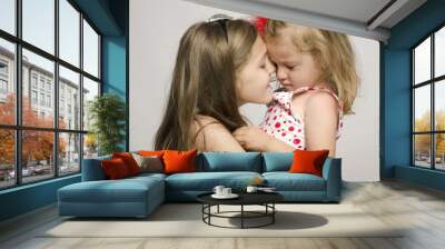 Young girl holding in arms, kissing,having fun with small sister Wall mural