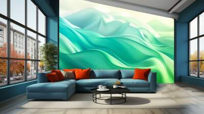 3d rendering of green and blue abstract background with waves, gradient, silk cloth texture, light background Wall mural