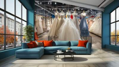 A modern wedding dress store with various dresses on mannequins, shot from the front of an empty area in a high-end shopping mall. The camera is focused on one white princess gown and two blue gowns,  Wall mural