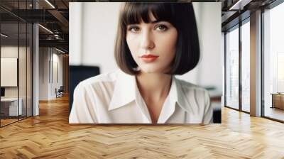 A photo of a brunette girl or young beautiful woman with brown eyes, wearing white shirt, in an office setting. Serious expression on her face. A bank employee with a bob hairstyle listens to you. AI Wall mural