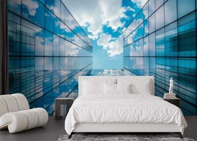 A photo of a modern glass building with a blue sky and clouds reflecting on the windows Wall mural