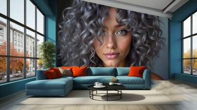 A striking close-up reveals luscious gray ash curls, glistening with shine. The soft waves cascade elegantly, highlighting the hair's texture and beauty in gentle natural light. Generative AI Wall mural