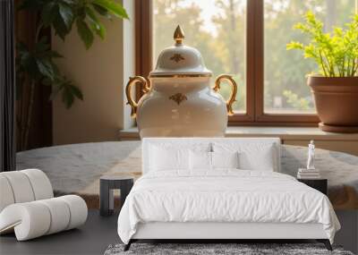 A white ceramic burial urn with golden handles stands in an ordinary room Wall mural