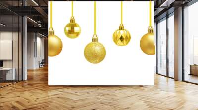 Christmas golden balls hanging on a ribbon for a Christmas tree close-up. White isolate. Wall mural