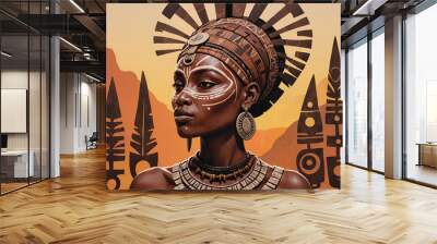 Artistic portrait of an African woman adorned with traditional jewelry and headdress against a warm background Wall mural