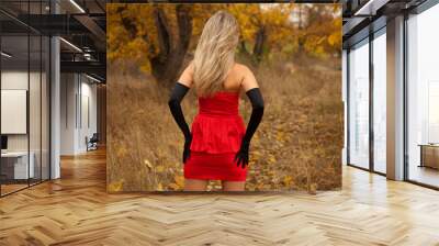 Rear view of pretty young girl in red dress in autumn wood Wall mural