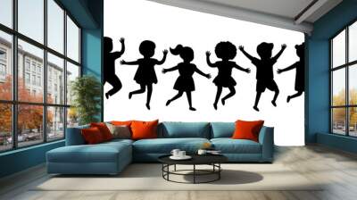 Black silhouette group of cartoon happy children girl and boy joyfully run. Cute diverse kids. Vector illustration Wall mural