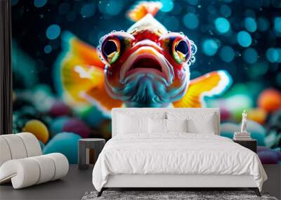 Captivating goldfish swimming among vibrant aquatic pebbles in beautifully lit aquarium environment. Generative AI. Colorful fish explores underwater world filled with bright, soft pebbles. Wall mural