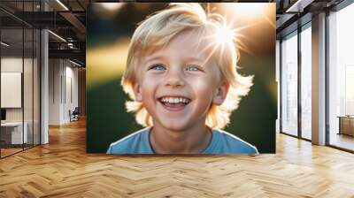 Cheerful young boy with blue eyes and blond straight tousled hair. Little cute beautiful child smiles. Direct enjoying look. Positive emotion. Outdoor sunny day. Happy childhood. Generative AI Wall mural