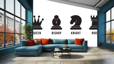 Chess pieces icon set. Included icon king, queen, bishop, knight, rook, pawn. Black silhouettes isolated on white background. Chess pictogram. Set of strategy icons in line style Vector symbols. Wall mural