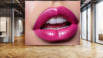 Close-up of a woman lips, featuring shimmering magenta pink lipstick that adds a touch of sparkle. Lips are slightly parted, revealing a glimpse of white teeth. Sensuality and sexuality. AI generated Wall mural