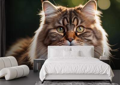 Close-up portrait of a furry Maine Coon cat with striking green eyes and detailed fur Wall mural