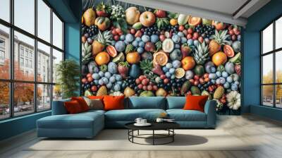 Colorful assortment of fresh fruits on wooden surface, healthy and appetizing display, copy space Wall mural