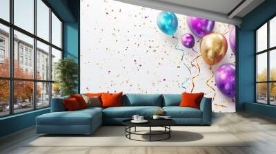 Colorful balloons and confetti on white background, top view. Birthday party decoration with golden streamers for celebration or festive greeting card design. trendy colors, Isolated on pastel backgro Wall mural