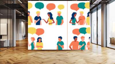 Communication, people talk in group, team work together. Social networking, chat, discussion. Respectful attitude and indifferent relationship. Discrimination, indifference to teammate. Vector Wall mural