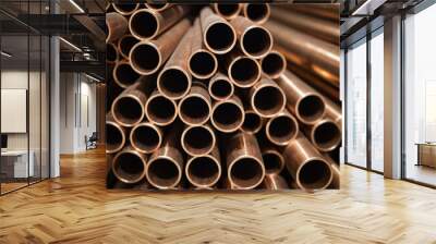 Copper bronze heat exchanger pipes. Heavy non-ferrous metallurgy. Factory industrial production of metal cuprum pipes. Heat exchanger is a technical device in which heat is exchanged between two media Wall mural