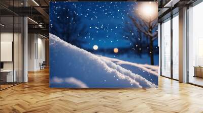 Cute Christmas night landscape covered with fresh snow. Wonderful winter village. New Year Christmas atmosphere. Festive enchanting winter wonderland. Snowflakes, snowdrifts and hills. AI generated Wall mural