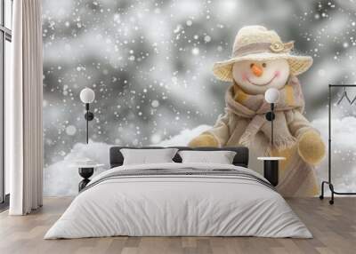 cute snowman woman in hat. place for congratulations Wall mural