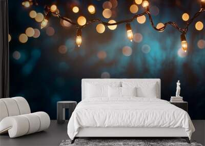 Decoration shiny light of garland on holiday with copy space. Abstract festive lightbulb in row at night on celebration, birthday, Christmas, party. Blur lighting Wall mural