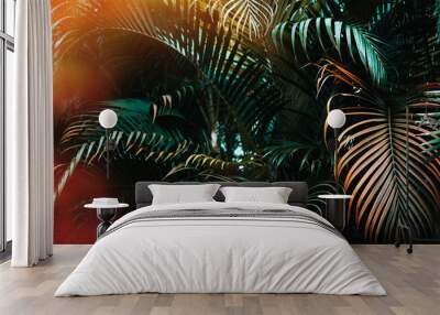 Deep dark green palm leaves pattern with bright orange sun flare effect. Creative layout, toned, horizontal Wall mural