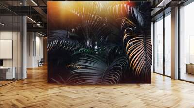 Deep dark green palm leaves pattern with bright orange sun flare effect. Creative layout, toned, horizontal Wall mural