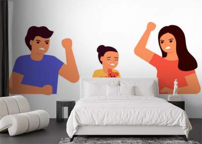 Domestic violence, bullying, abuse. Family conflict, dispute, quarrel. Aggressive behavior of adults, social problems. Parents swear at child. Girl is crying, mother and father are scream. Vector flat Wall mural