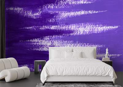 Abstract acrylic dark violet and light violet paint texture. Brushstrokes of different shades violet paint from two sides of horizontal canvas. Artistic background with place for text. Wall mural