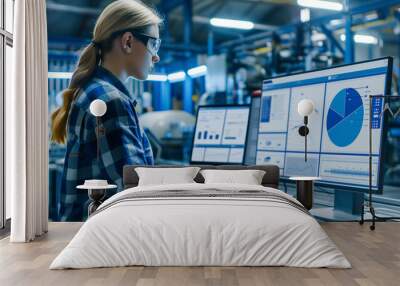 Female confident engineer working on computer with a dashboard and pie charts, showing data and business growth graphics in a modern factory hall. Blue colors. High resolution, super realistic photogr Wall mural