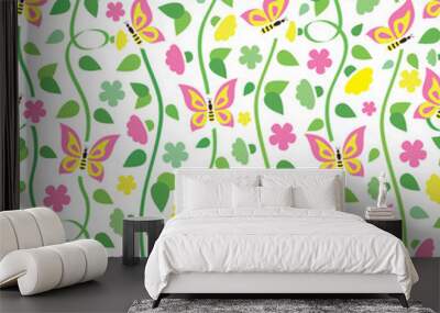 Floral seamless pattern with flowers and butterflies on white background Wall mural