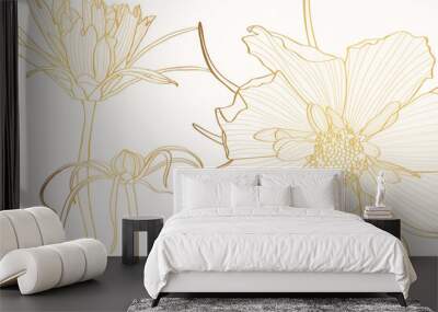 Flower background with golden line Cosmos flower and leaf drawing illustration. Wall mural