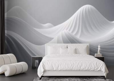 Flowing 3D waves in white and grey create a mesmerizing abstract pattern, featuring smooth curves and light gradients against a dark background that evokes artistry and tranquility. Generative AI Wall mural