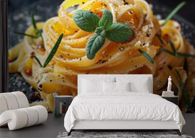 Fresh fettuccine pasta with tomato and basil, concept: Italian cuisine and homemade cooking.
 Wall mural