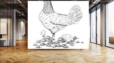 Ink hen with cute chickens   Wall mural