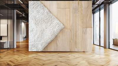 Laminate parquete floor. Light wooden texture. Beige soft carpet. Warm interior design Wall mural