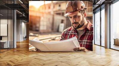 Man in Construction Helmet Reading a Document, Professional Site Inspection Wall mural