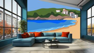 Mediterranean landscape with mountain and white town flat style vector illustration Wall mural