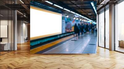 Blank white digital sign billboard poster mockup in train station during evening. Empty advertisement light box on the underground subway hall. Generative ai Wall mural