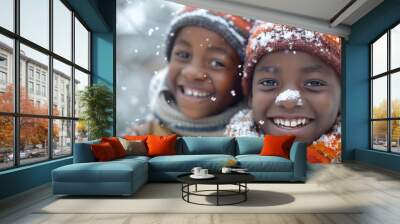 Climate changes and global warming concept. African Kids Enjoying Snowfall on Nature. Generative ai Wall mural